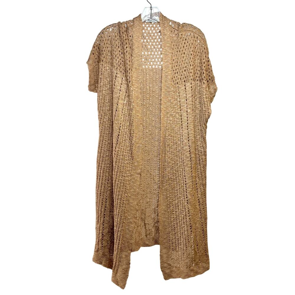 Maxi Sweater Women's Plus 1X Short Sleeve Crochet Longline Open Front Brown